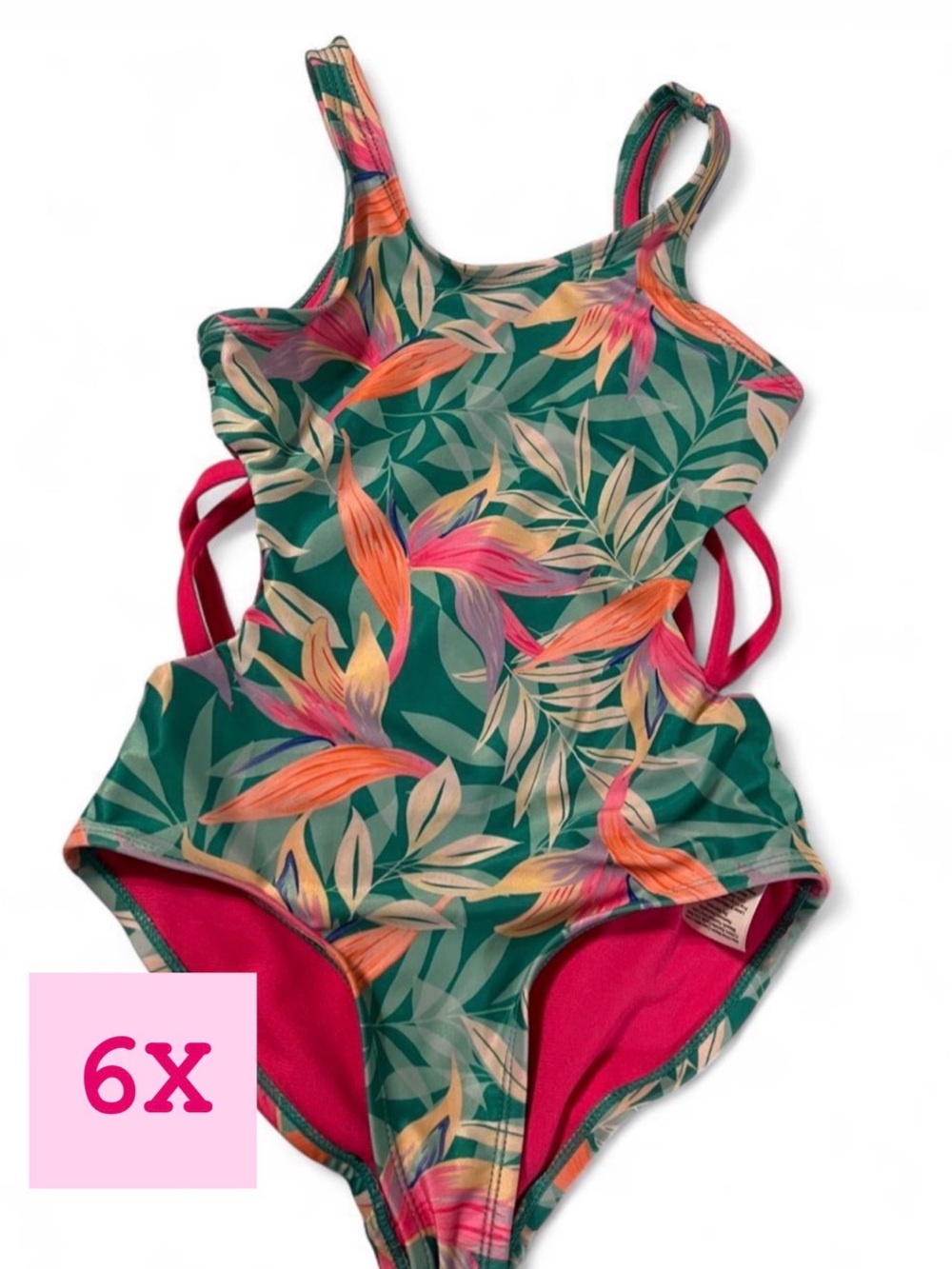 6-6X Tropical Floral Girls One-Piece Swimsuit with Pink Accents